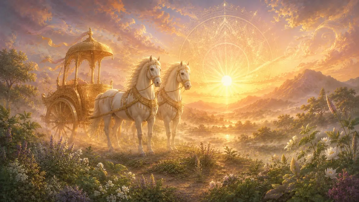 Symbolic twin white horses and chariot for Ashvin hymns