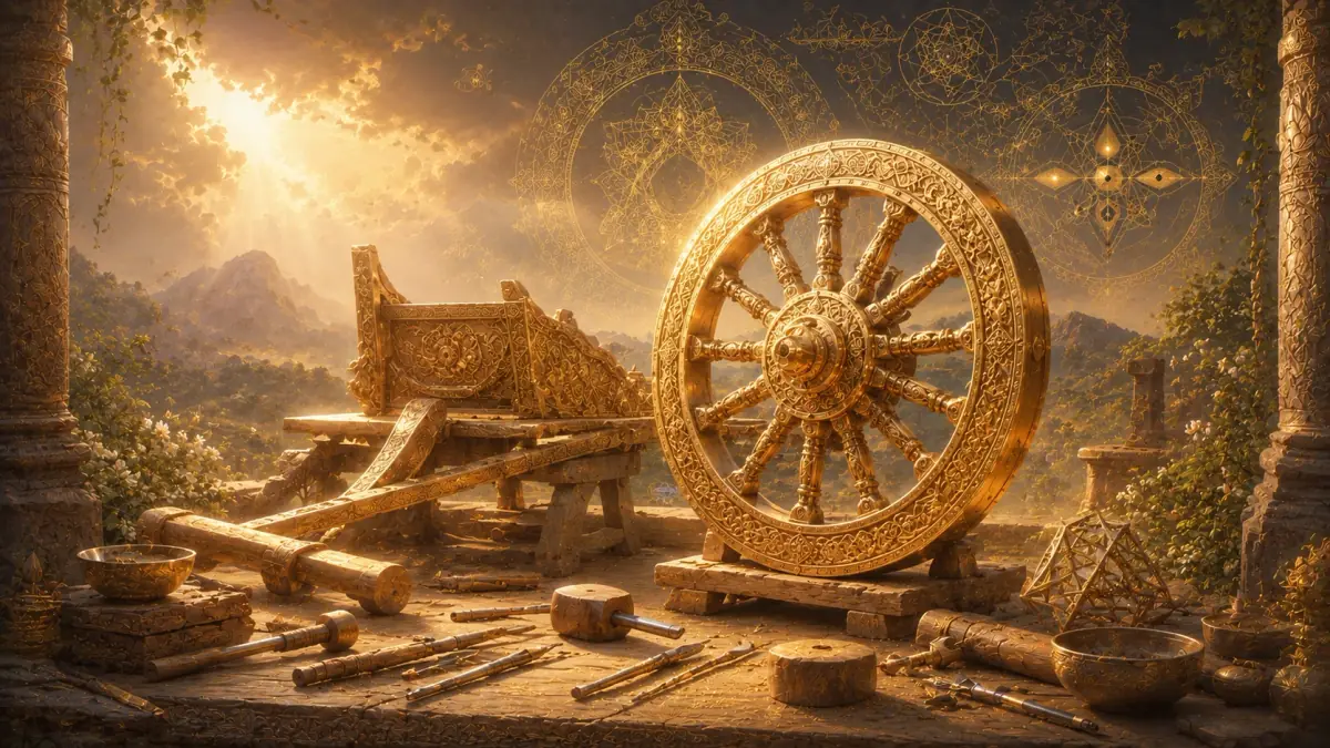 Symbolic artisan chariot wheel for Ribhu hymns