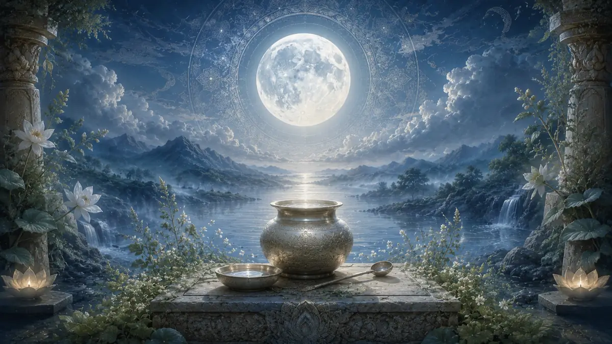 Symbolic moonlit ritual vessel for Soma hymns