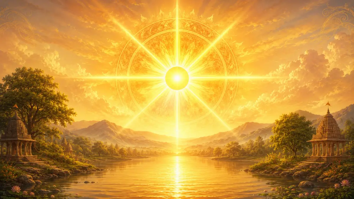 Symbolic golden sunrise for Surya hymns