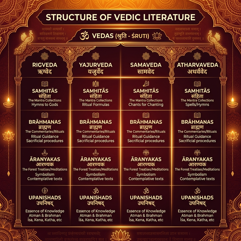 Structural subdivisions of the four Vedas: Samhita, Brahmana, Aranyaka, Upanishad