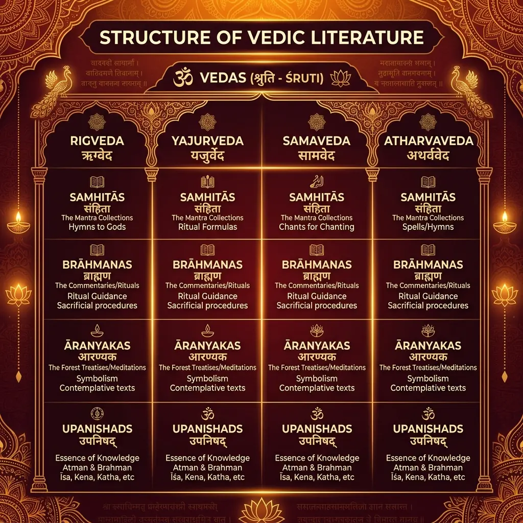 Structural subdivisions of the four Vedas: Samhita, Brahmana, Aranyaka, Upanishad