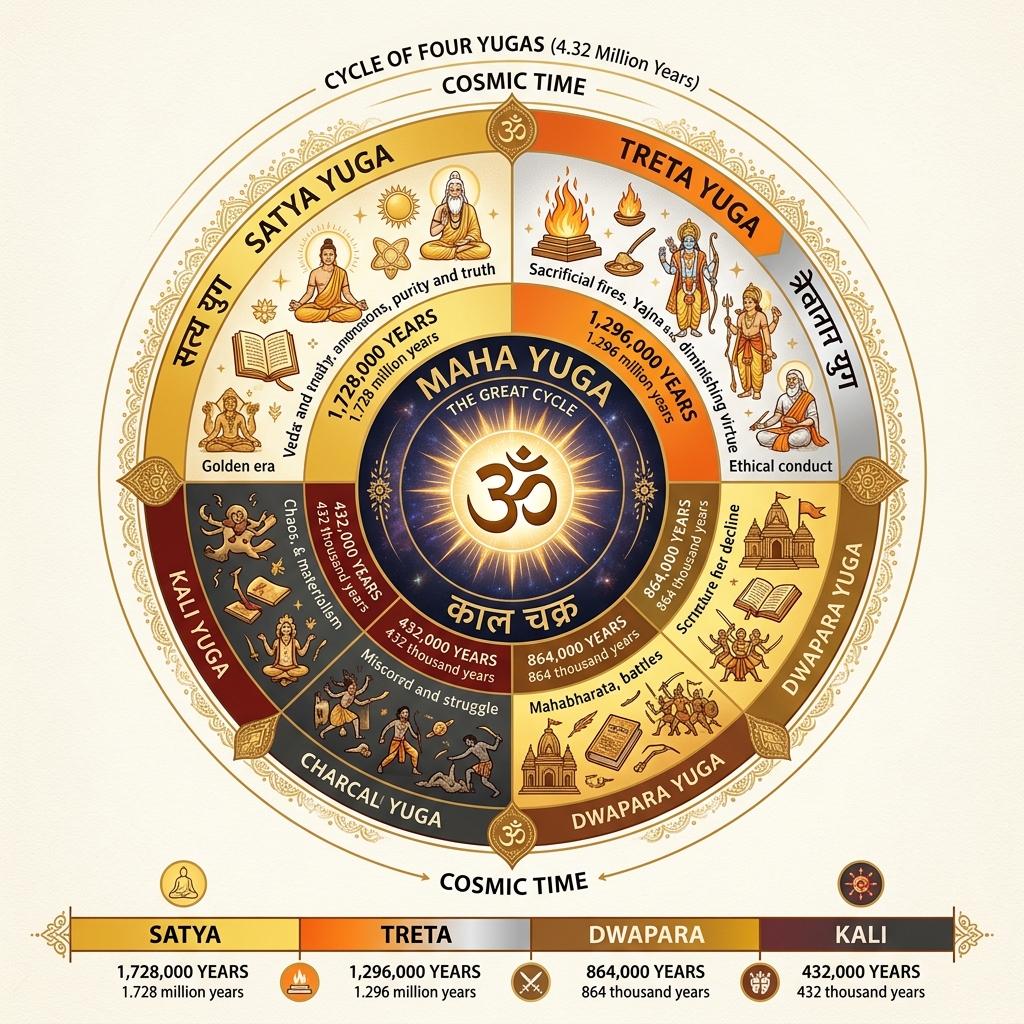 Yuga Cycle Diagram showing Satya, Treta, Dwapara, and Kali Yugas and their durations